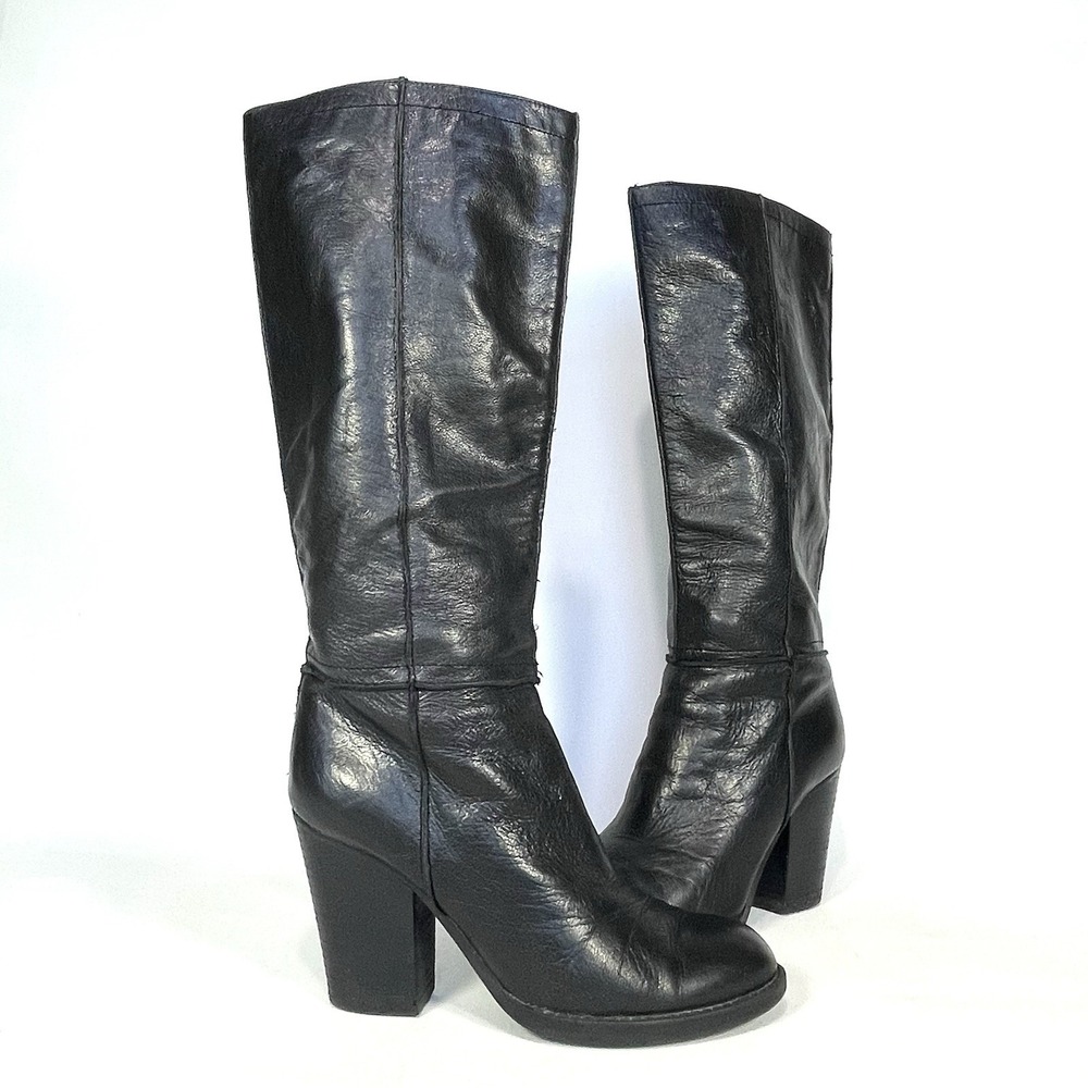 Tahari Strauss Women's 8 Black Leather Knee High Boots 3" Block Heel